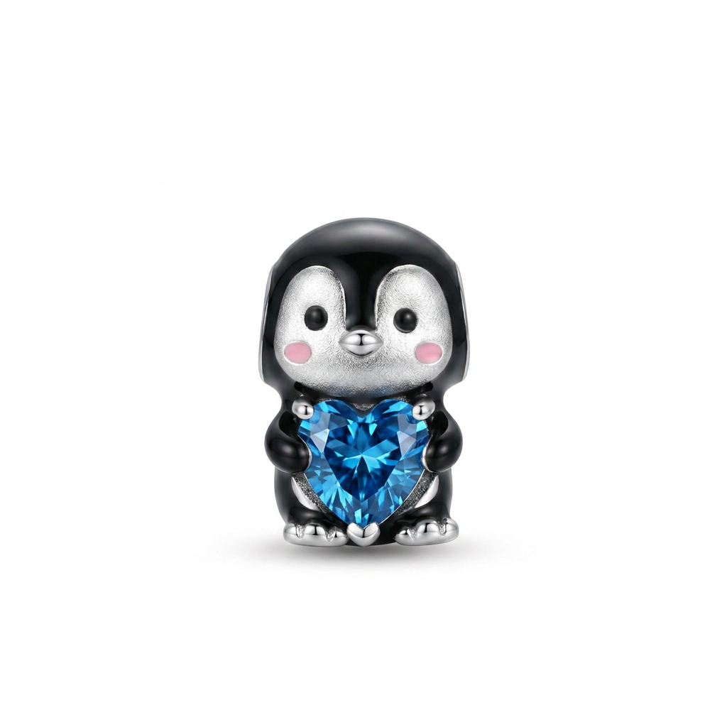 Charm Pinguino Con Piedra De Corazon Azul Plata Ley .925-