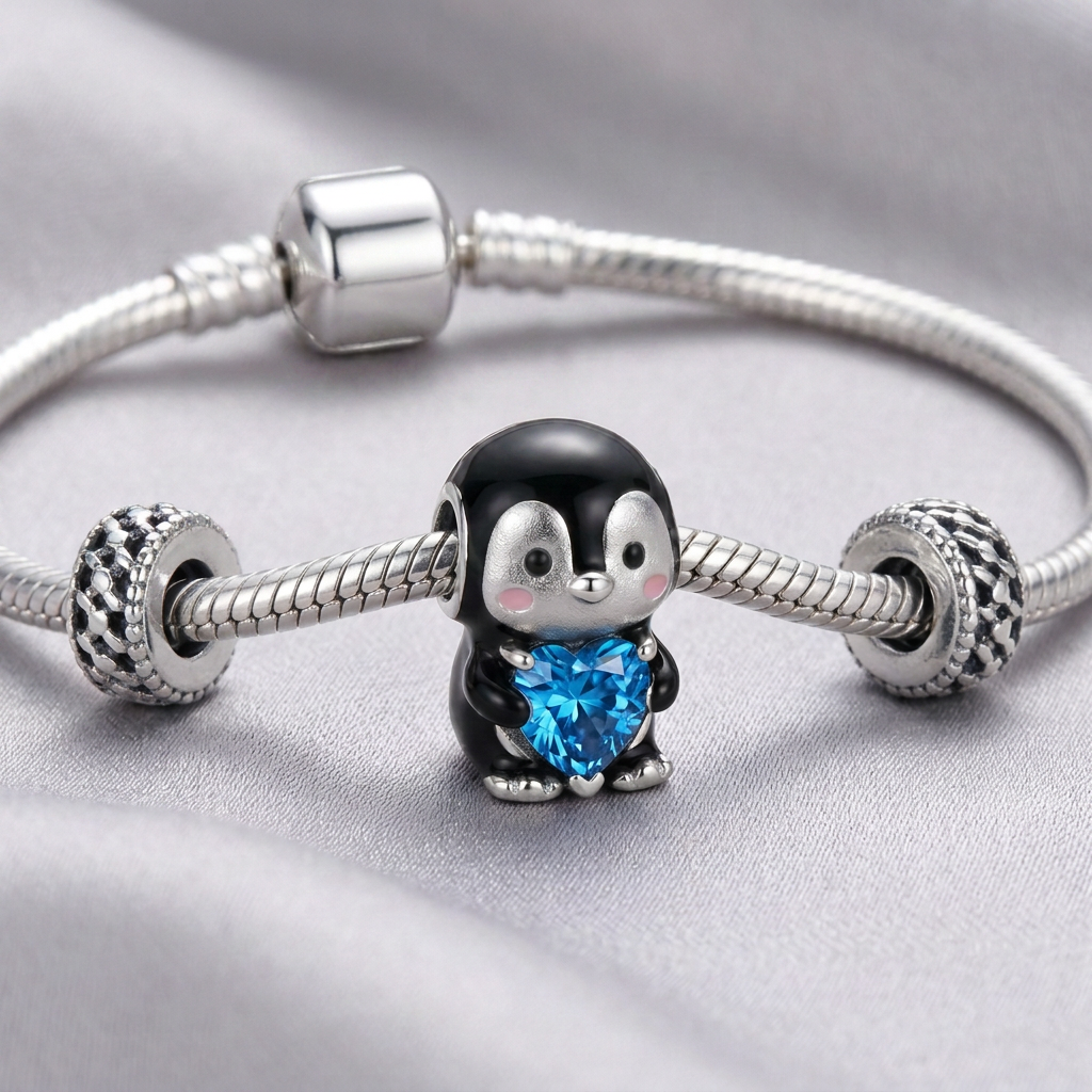 Charm Pinguino Con Piedra De Corazon Azul Plata Ley .925-