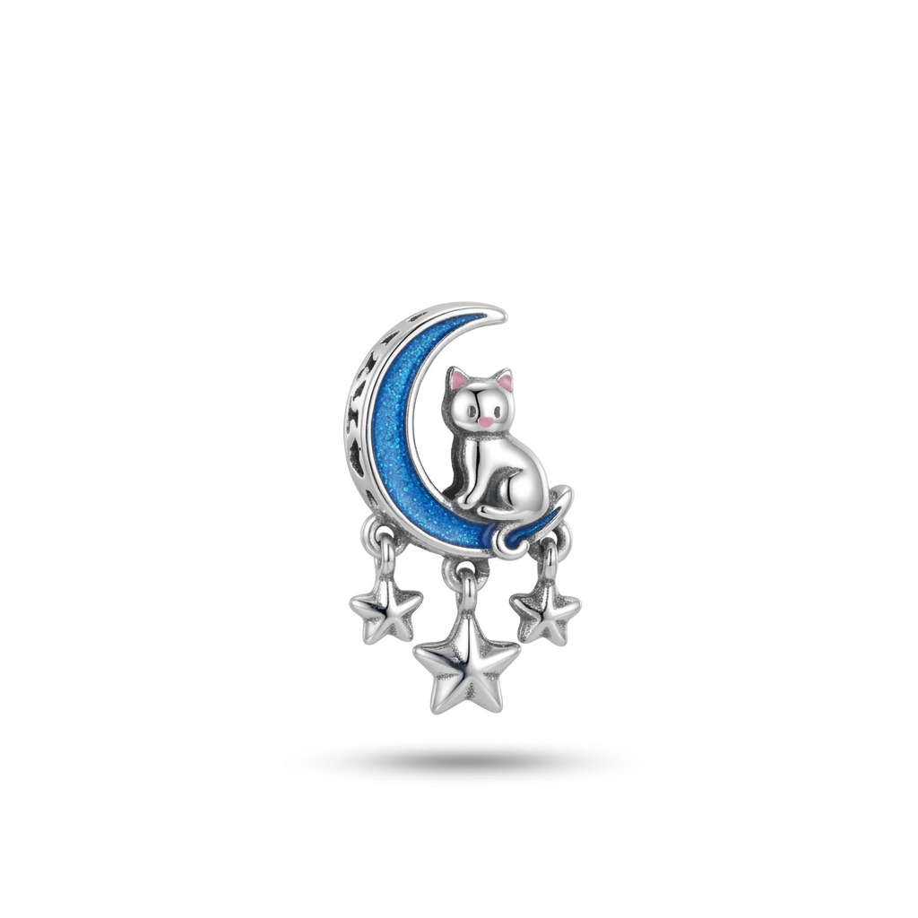 Charm Plata Gato En La Luna Plata Ley .925