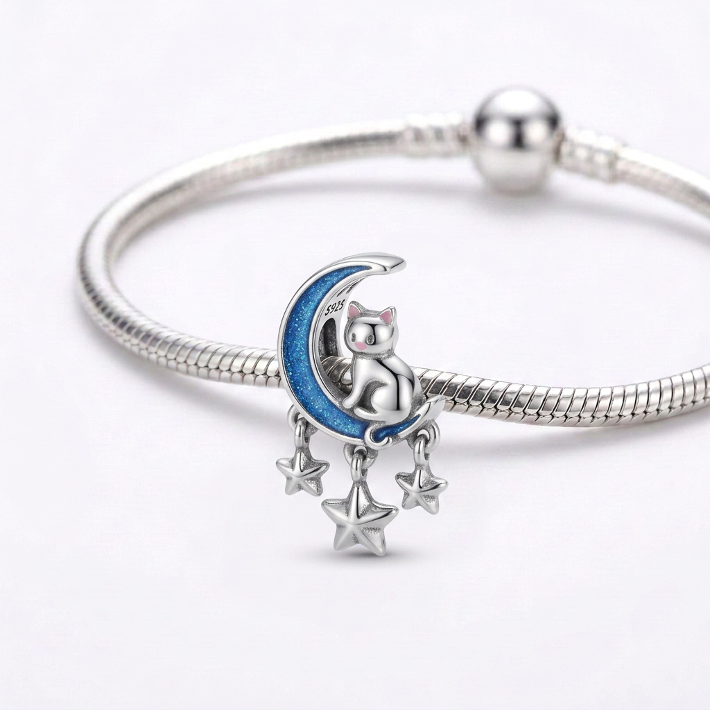 Charm Plata Gato En La Luna Plata Ley .925