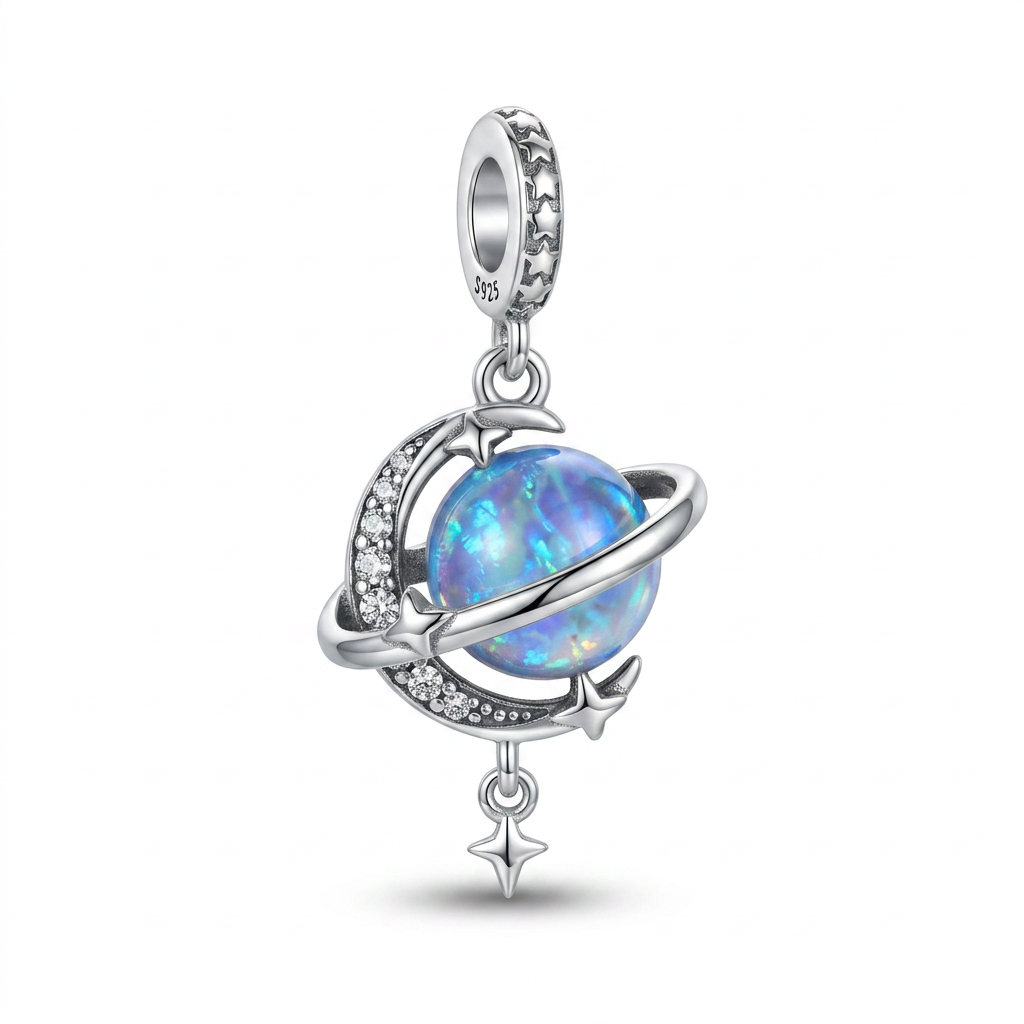 Charm Luna Con Planeta Azul Plata Ley .925