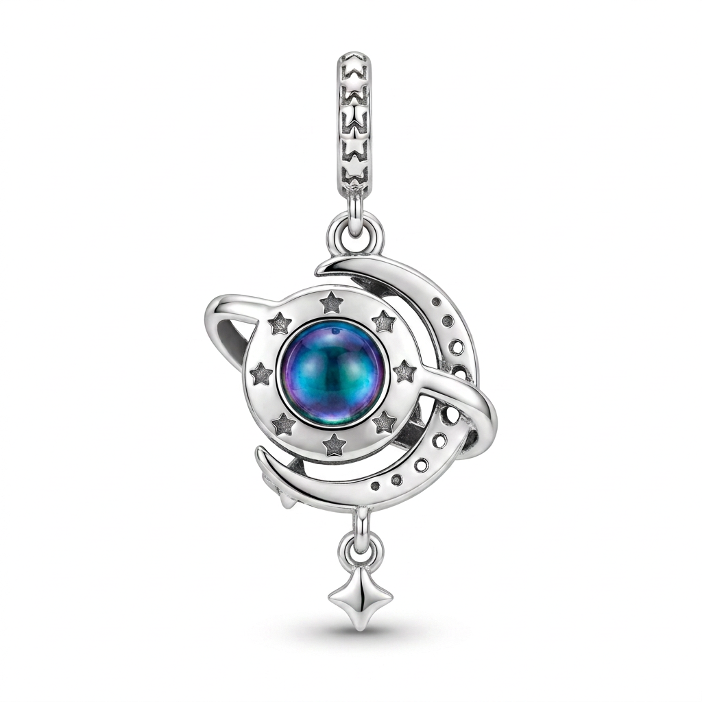 Charm Luna Con Planeta Azul Plata Ley .925