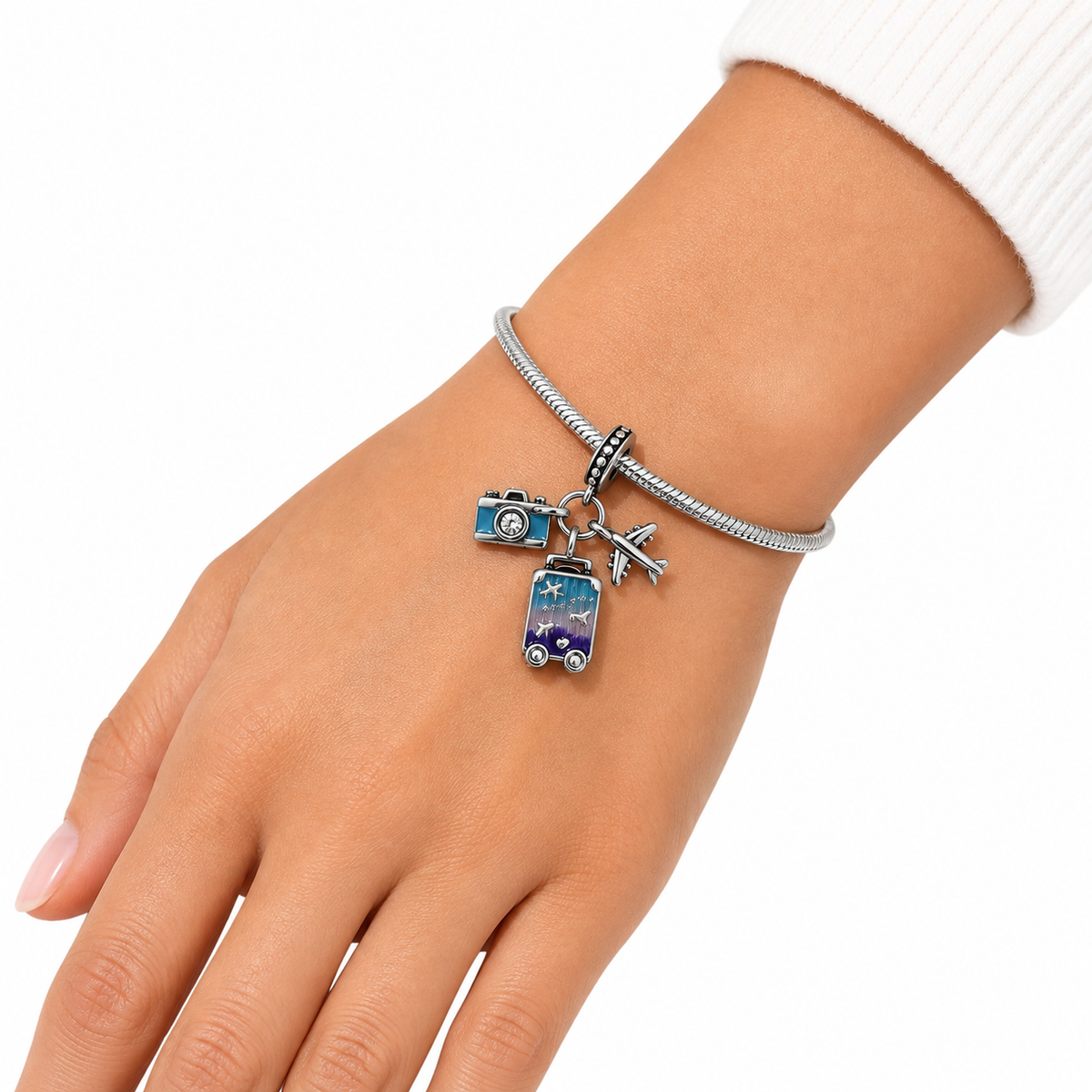Charm Multicolor Maleta,camara y avion Plata Ley .925