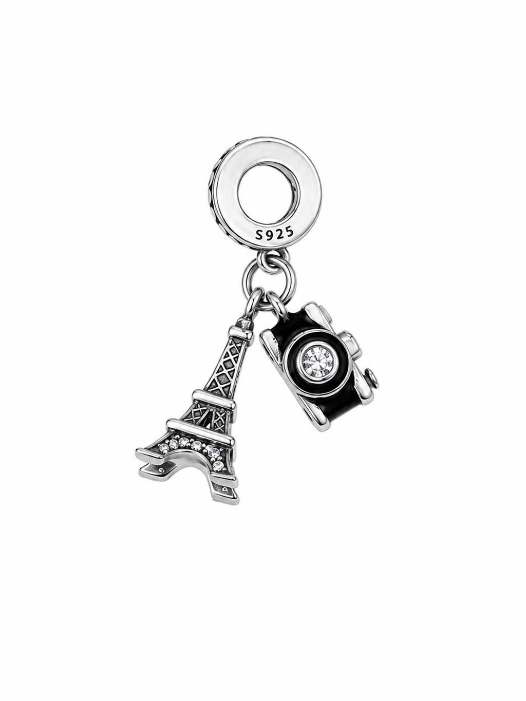 Charm Torre Eiffel y camara Plata Ley .925