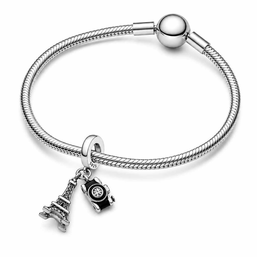Charm Torre Eiffel y camara Plata Ley .925