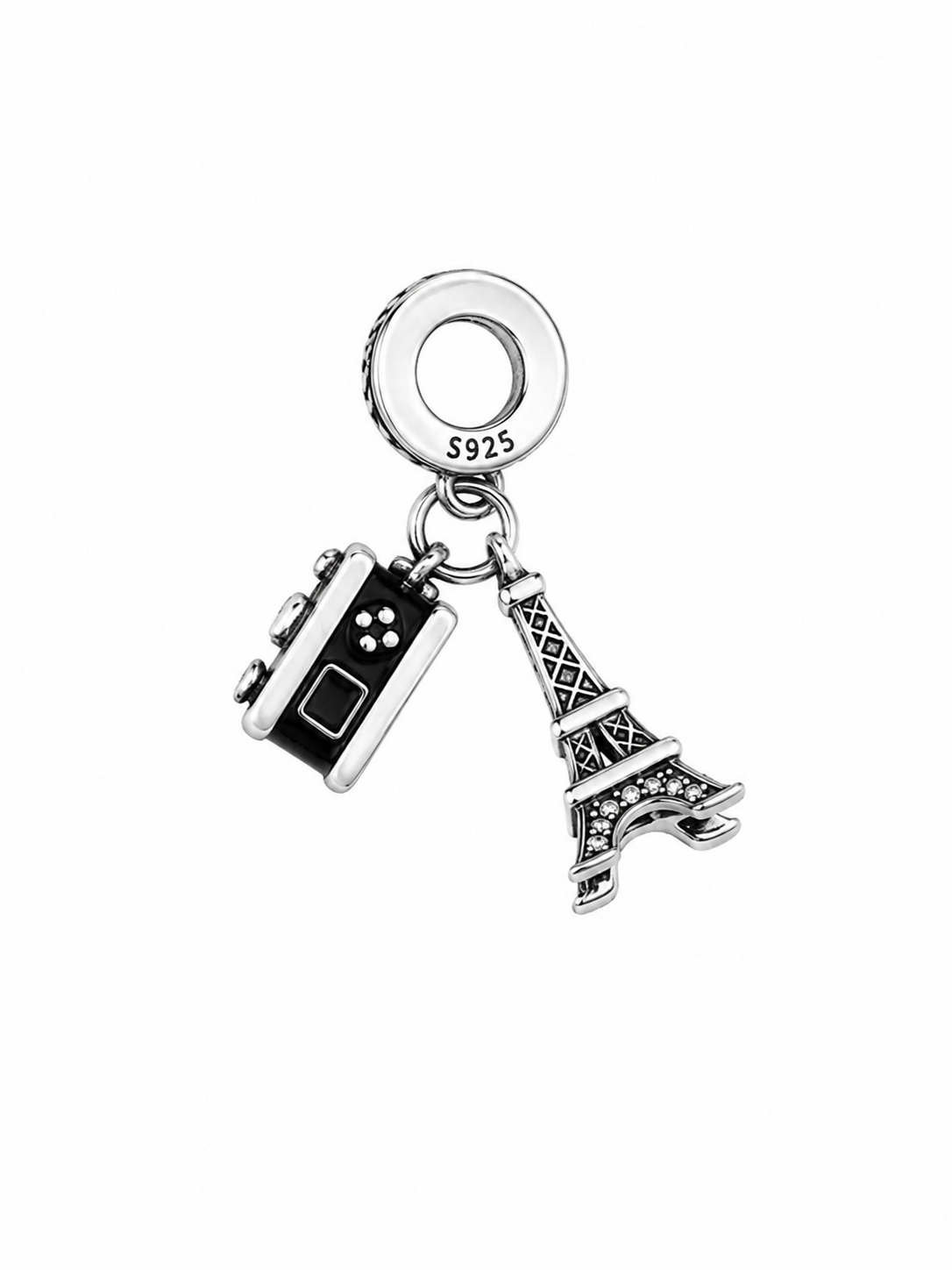 Charm Torre Eiffel y camara Plata Ley .925