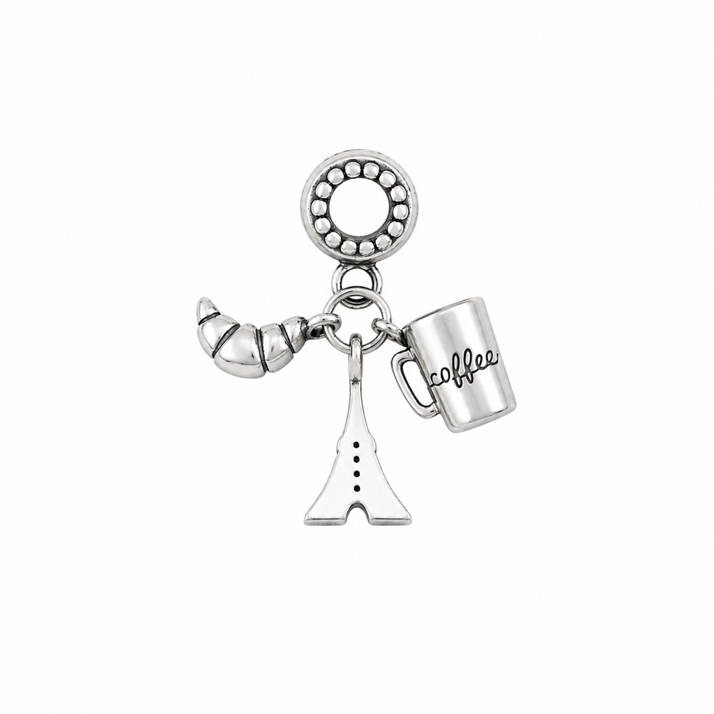Charm Torre Eiffel,Cafe y croissant Plata Ley .925