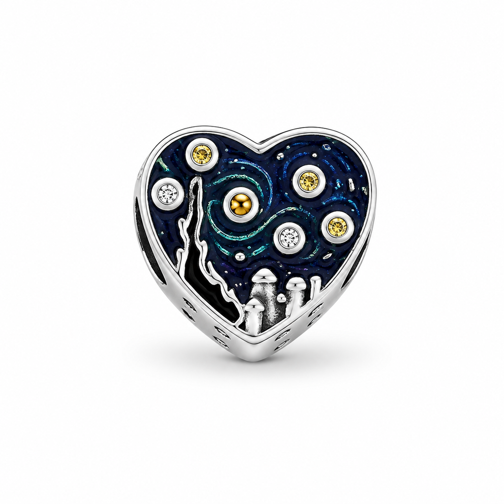 Charm Corazon Noche Estrellada Plata Ley .925