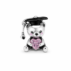 Charm Oso Graduado Con Corazon Rosa Plata Ley .925