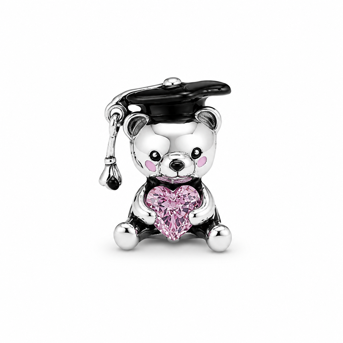 Charm Oso Graduado Con Corazon Rosa Plata Ley .925