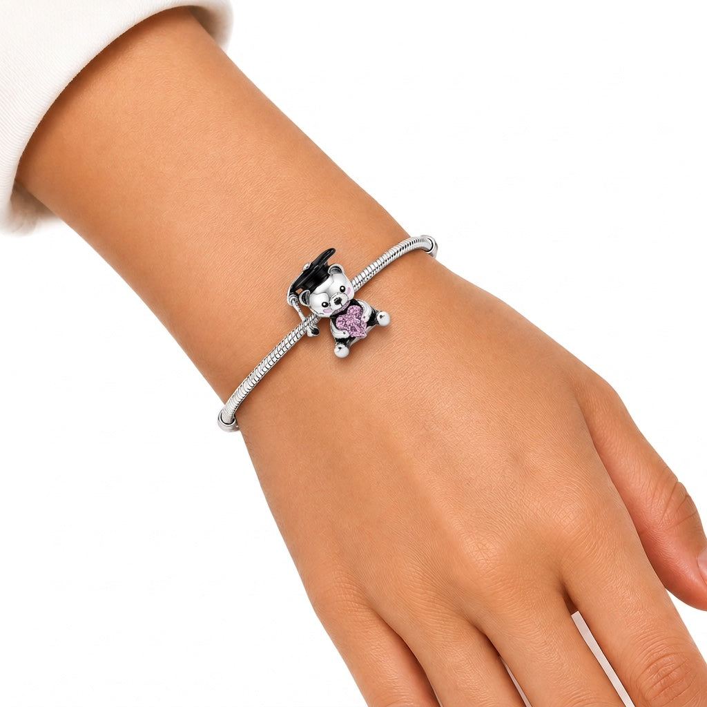 Charm Oso Graduado Con Corazon Rosa Plata Ley .925