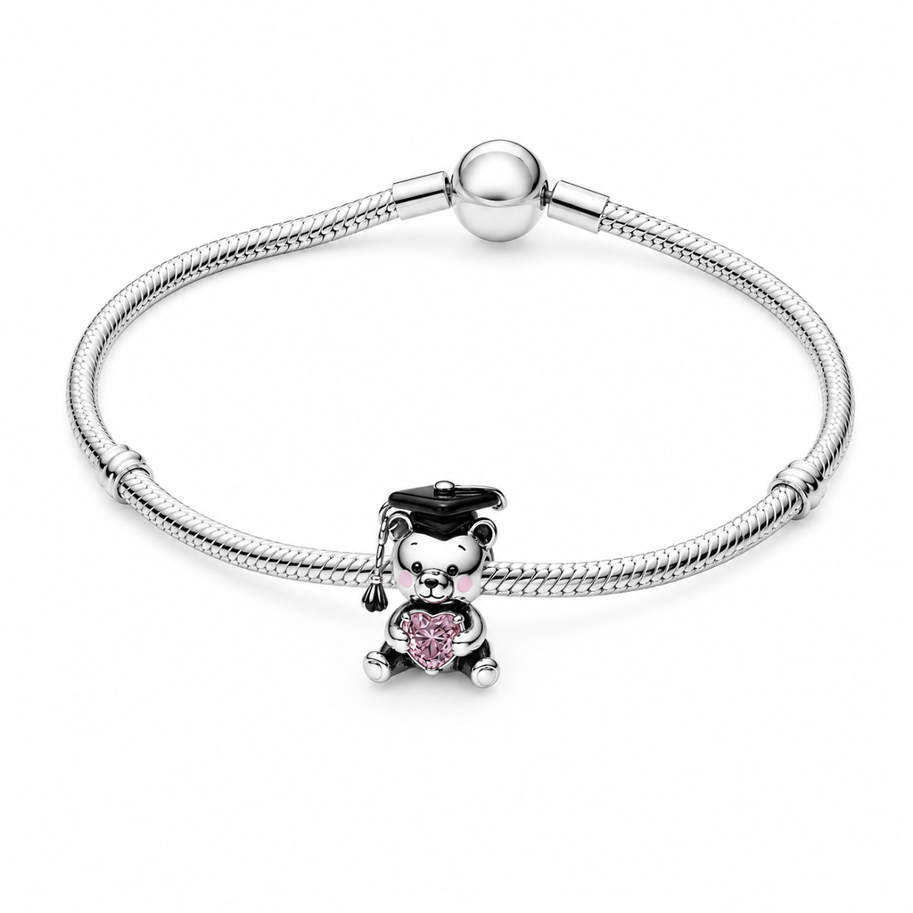 Charm Oso Graduado Con Corazon Rosa Plata Ley .925