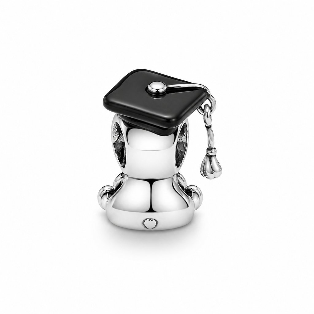 Charm Oso Graduado Con Corazon Rosa Plata Ley .925
