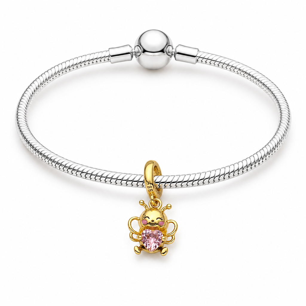 Charm Abeja Dorada Con Corazon Rosa Plata Ley .924