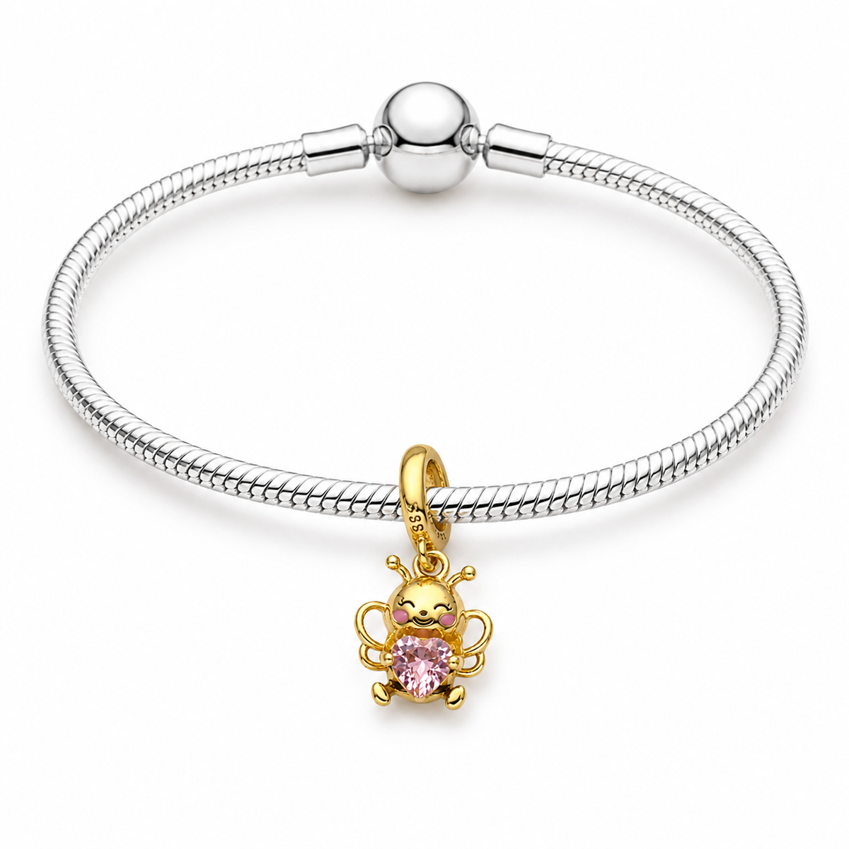 Charm Abeja Dorada Con Corazon Rosa Plata Ley .924