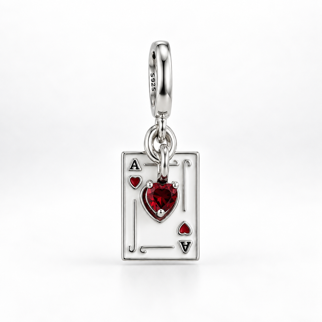 Charm Carta de As Con Corazon Rojo Plata Ley .925