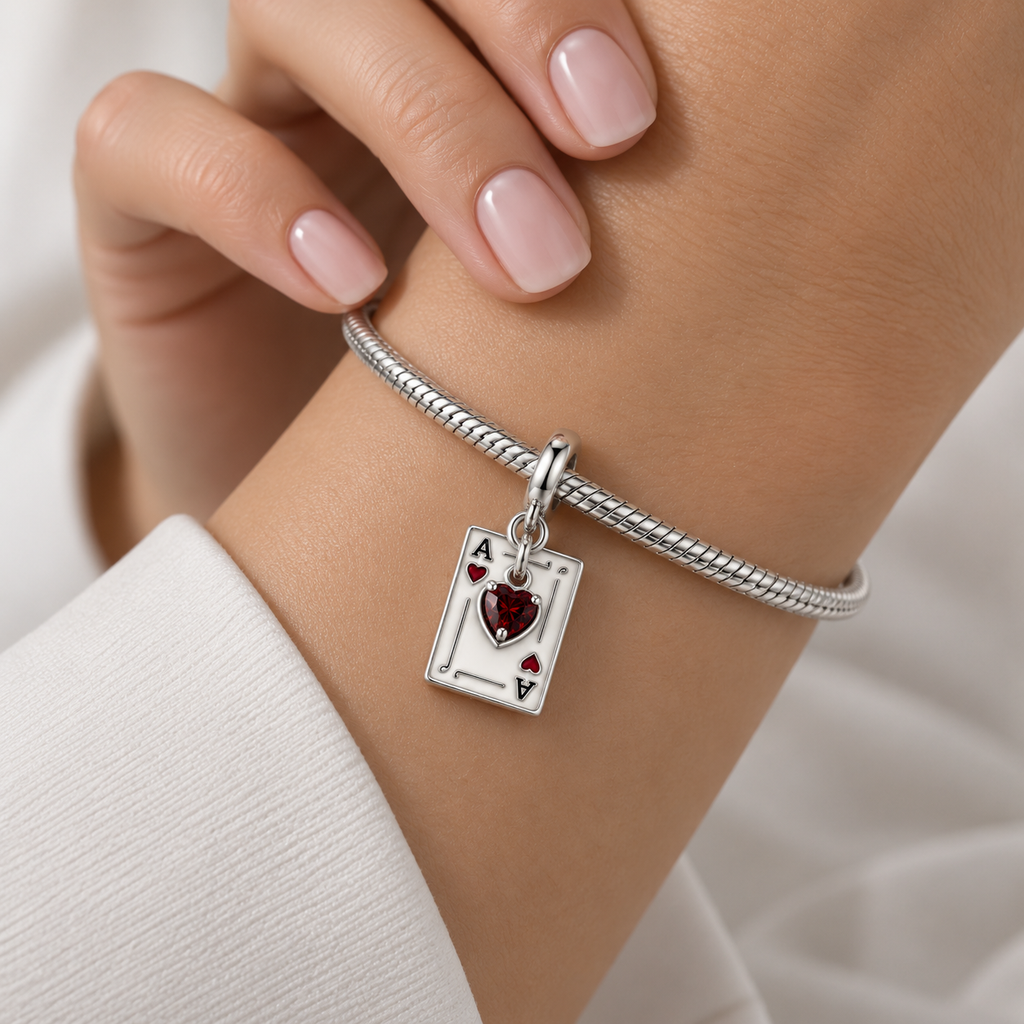 Charm Carta de As Con Corazon Rojo Plata Ley .925