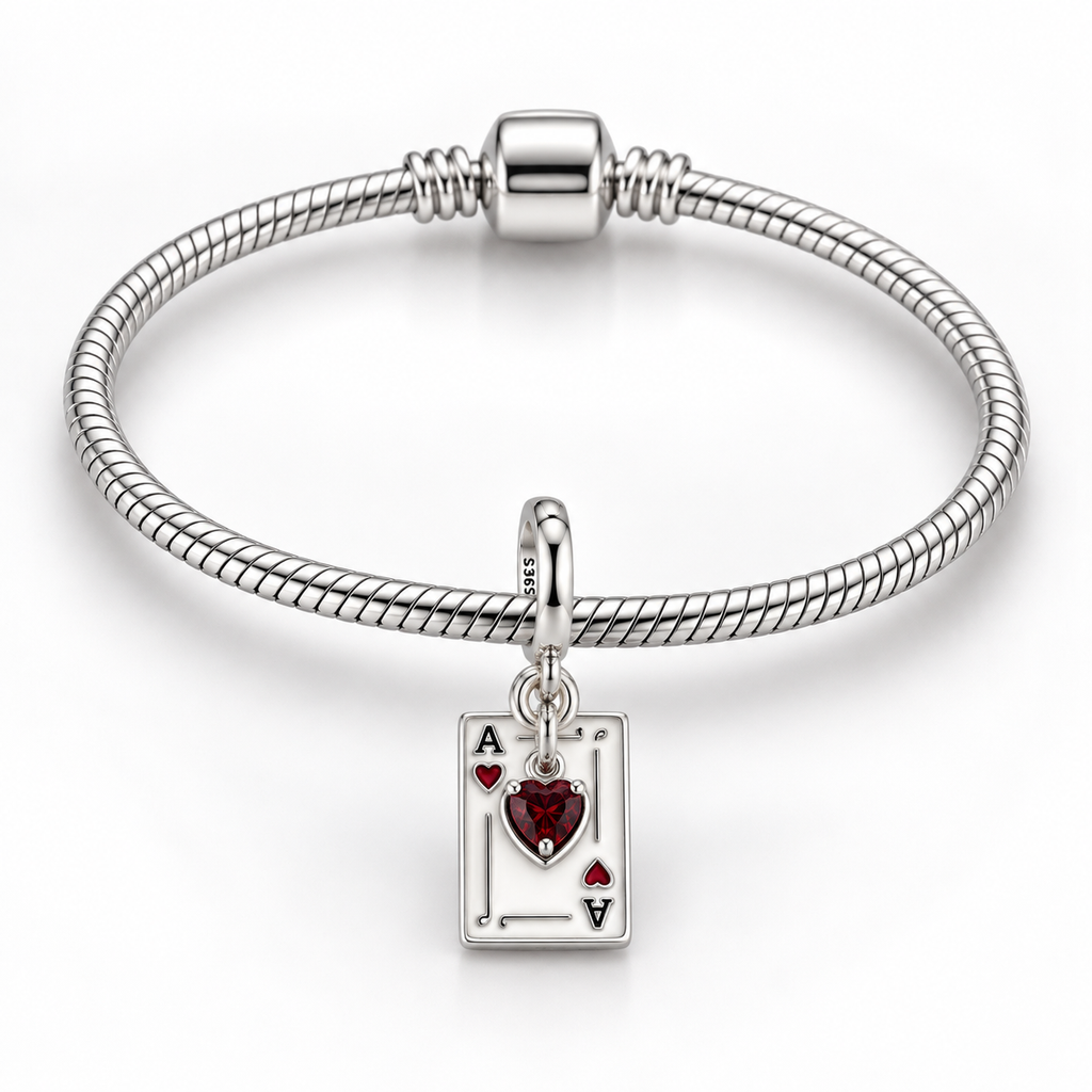Charm Carta de As Con Corazon Rojo Plata Ley .925